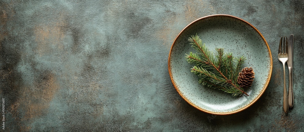 Poster christmas table setting with empty plate silverware and fir branch on textured background space for 