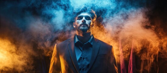 Obraz premium Dapper man exuding confidence with steamer in a stylish setting showcasing grooming fashion amidst colorful mist effects