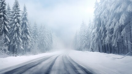 Obraz premium Enchanting winter road through snowy forest with misty backdrop showcasing snow-covered pine trees in a romantic serene landscape.