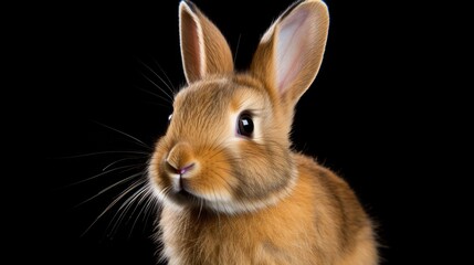Fototapeta premium Adorable close-up of a fluffy brown rabbit against a striking black background showcasing its expressive features and soft fur texture.