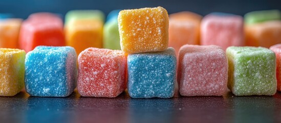 Colorful gummy candies arranged in vibrant cubes creating a playful and enticing sweet backdrop for culinary or promotional use