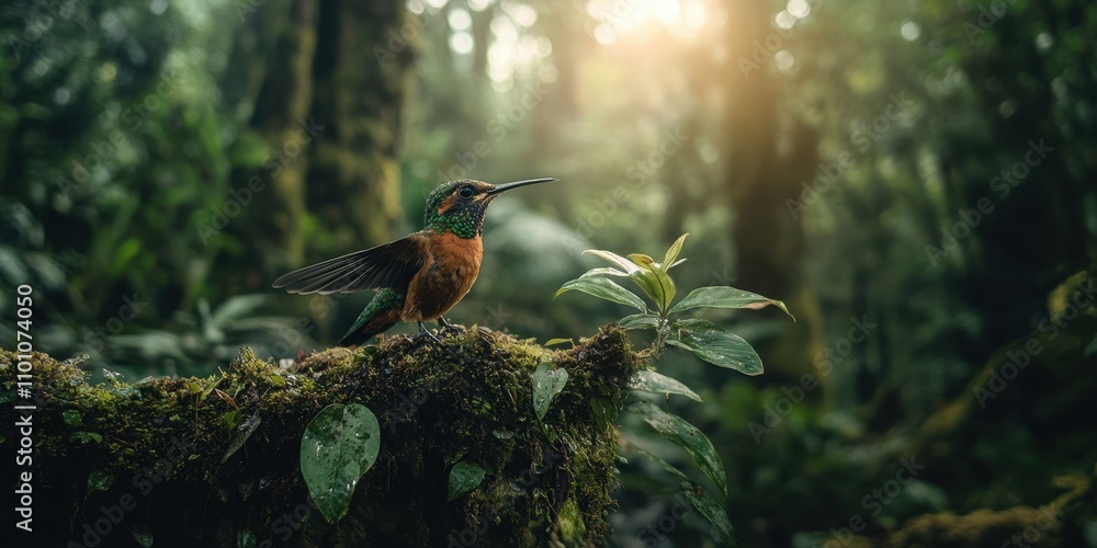 Poster a vibrant bird perched on moss-covered foliage in a lush forest, illuminated by soft sunlight filter