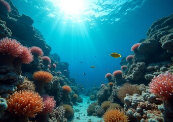 Colorful coral reef with diverse marine life in a sunlit underwater landscape