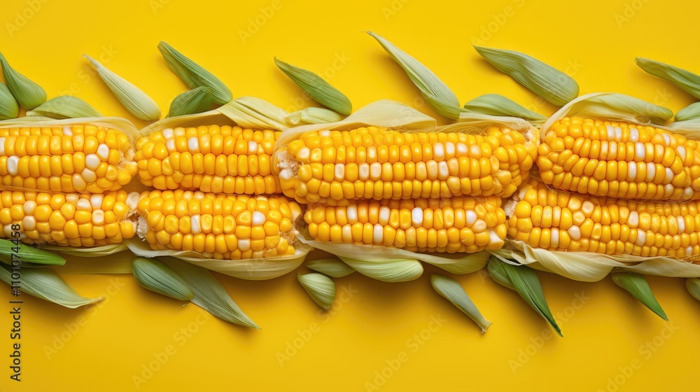 Poster fresh corn on the cob for popcorn display on a vibrant yellow background showcasing its kernels and 