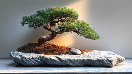 Fototapeta premium Bonsai pine tree elegantly displayed on a rock with soft lighting against a minimalist white wall background