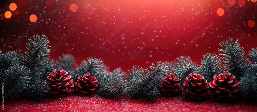 Poster christmas fir tree branches with pinecones on a red background creating a festive border frame with 
