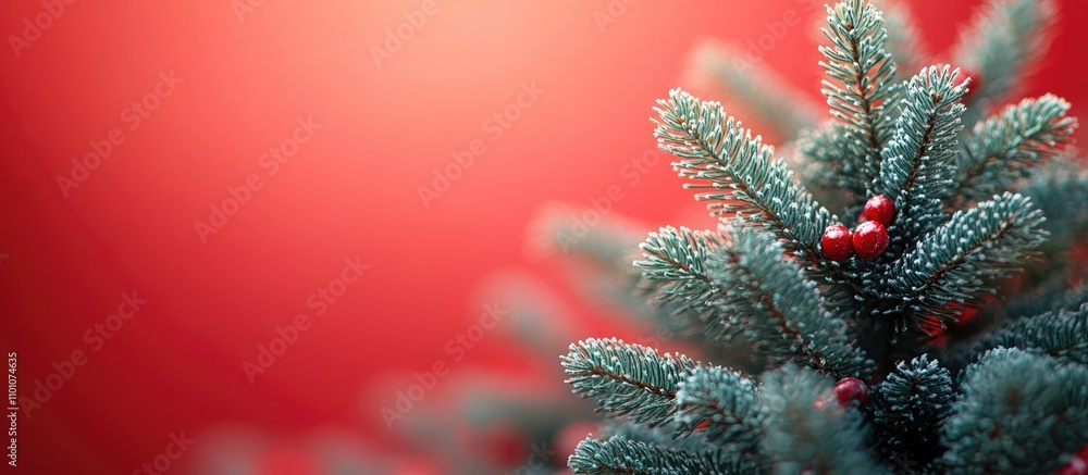 Poster close up of a green christmas tree with red berries set against a vibrant red background creating a 