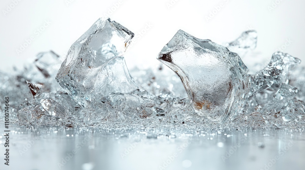 Poster shattered drinking glass pieces scattered on a reflective surface with a soft white background highl
