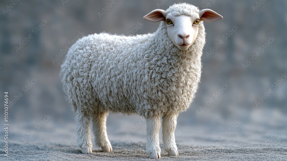 Poster realistic 3d illustration of a fluffy sheep standing on textured ground with a neutral background em