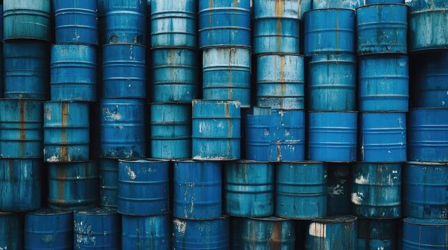 Stacks of blue industrial drums in organized rows, showcasing large-scale storage solutions and effective logistics management in a warehouse setting.
