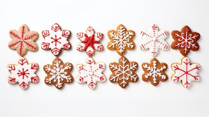 festive assortment of beautifully decorated homemade Christmas butter cookies in snowflake shapes on a clean white background