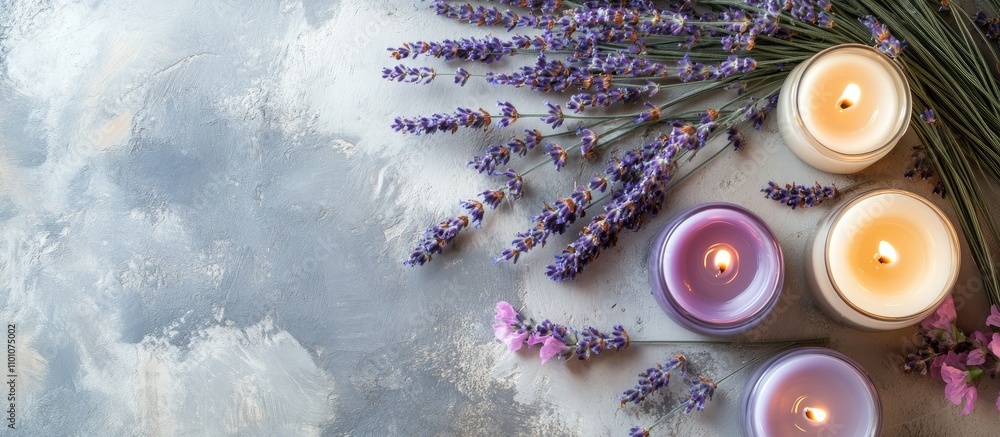 Poster vintage table setting with lavender and candles featuring a serene overhead view ideal for festive o