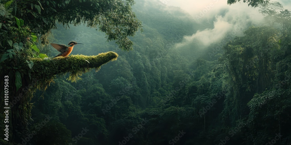 Poster a serene forest scene featuring a bird perched on a branch, surrounded by lush greenery and misty mo
