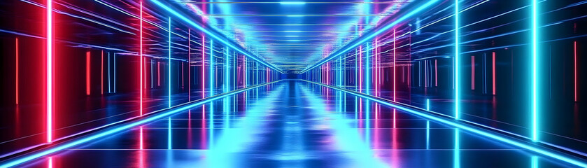Vibrant Neon Lights Illuminate Reflective Corridor in 3D Render