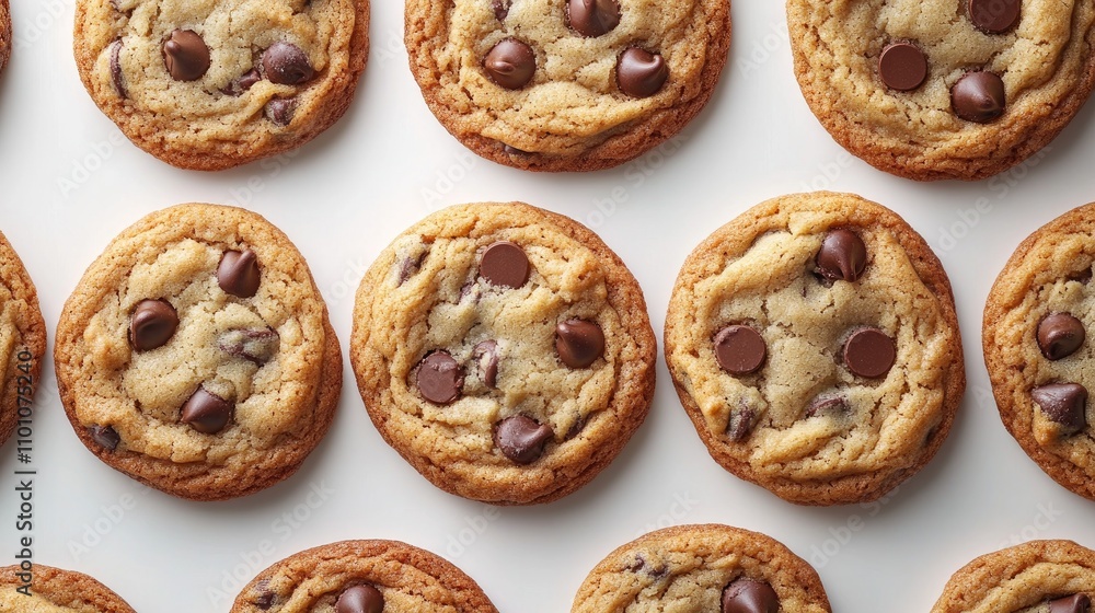 Poster perfectly baked chocolate chip cookies arranged in a neat pattern on a clean white background for a 