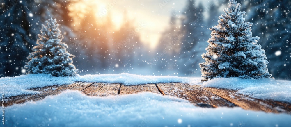 Poster snowy christmas trees in a winter landscape with sunlight filtering through the forest creating a se