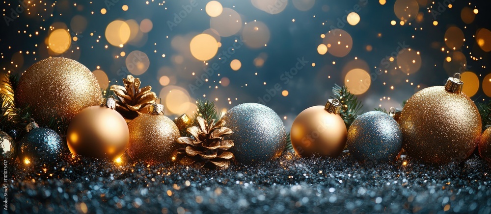 Poster festive christmas and new year backdrop with shimmering gold and silver ornaments and sparkling boke