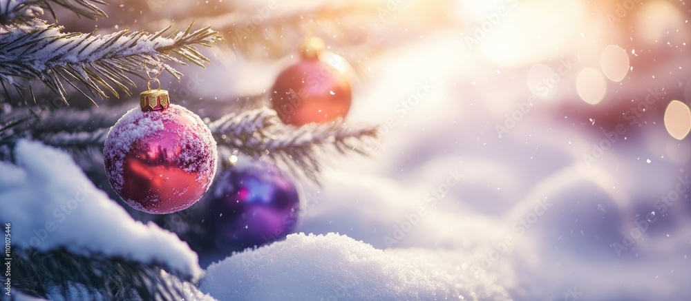 Poster christmas tree branches adorned with vibrant ornaments resting on untouched snow creating a serene w