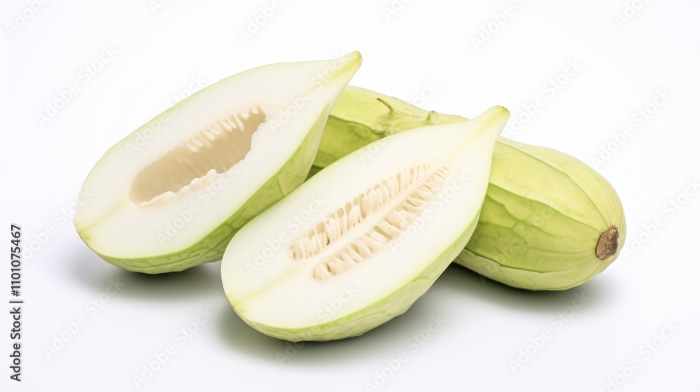 Poster bitter white melon slices along with whole fruit displayed on a clean white background showcasing th