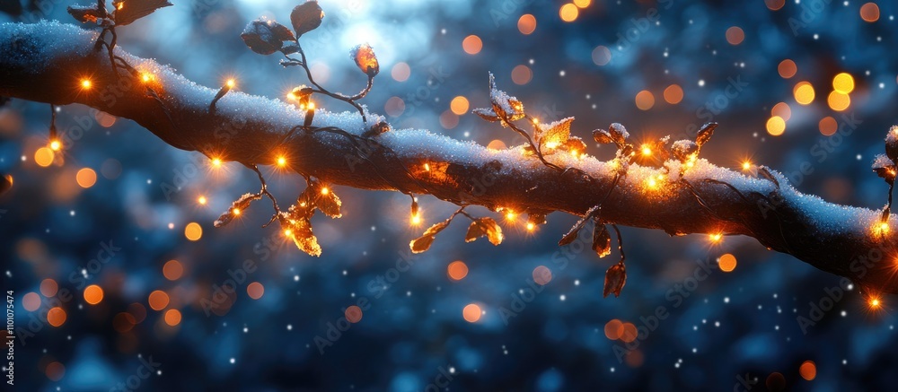 Poster enchanting close up of a snow-laden tree branch illuminated by warm lights and soft bokeh creating a