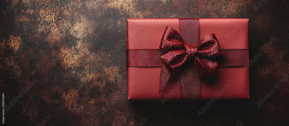 Poster greeting card mockup on textured background with red gift box and large bow creating an elegant spac