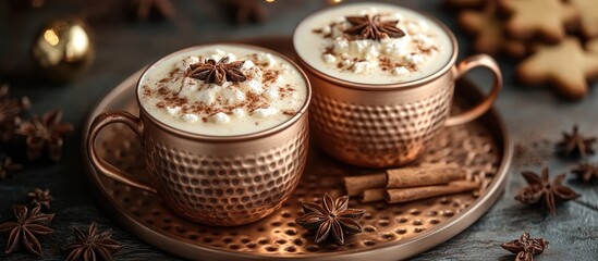 Fototapeta premium Copper cups with creamy spiced coffee topped with cinnamon and star anise on a vintage copper tray in a cozy festive setting