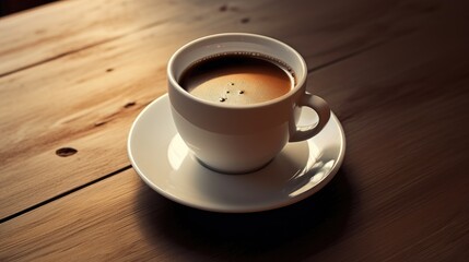 Obraz premium Aromatic coffee in a white cup on a wooden table showcasing a cozy morning atmosphere and inviting warmth.