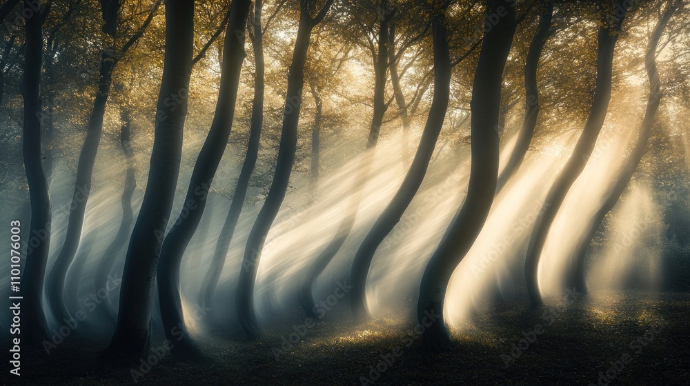 Poster Sunbeams illuminate a mystical forest with fog and curved trees.