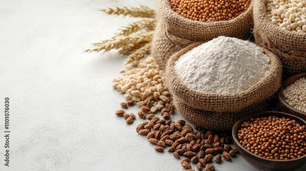 Poster flour and assorted grains displayed in burlap sacks and wooden bowls with wheat spikelets on a neutr