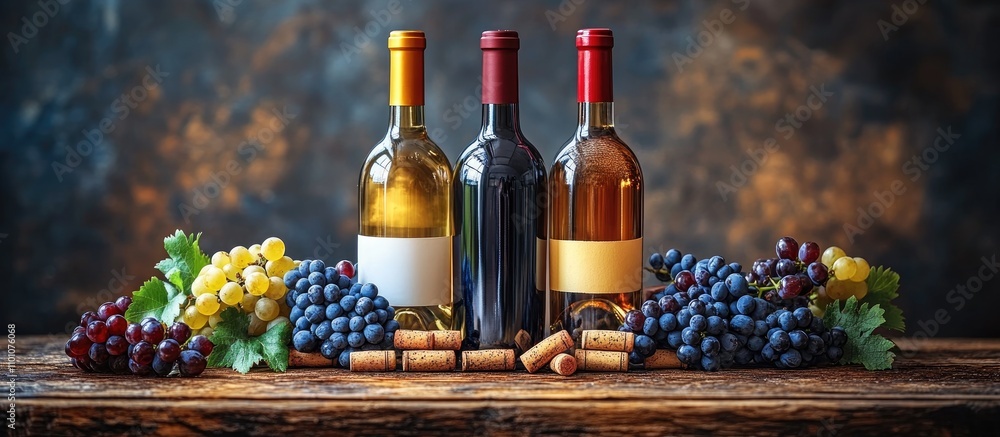 Poster bottles of red and white wine surrounded by grapes and corks on a rustic wooden table with a dark ba