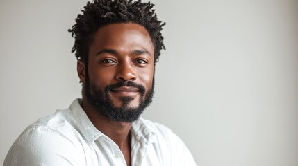Obraz premium Smiling man with a black beard wearing a shirt while using a laptop in a bright and minimalistic workspace environment.