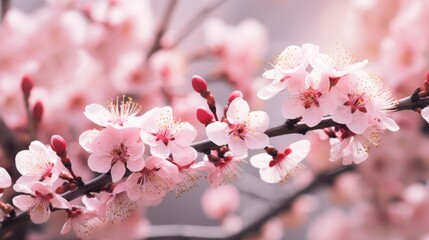 Delicate pink plum blossoms in macro view showcasing springtime beauty and floral elegance on a soft blurred background.