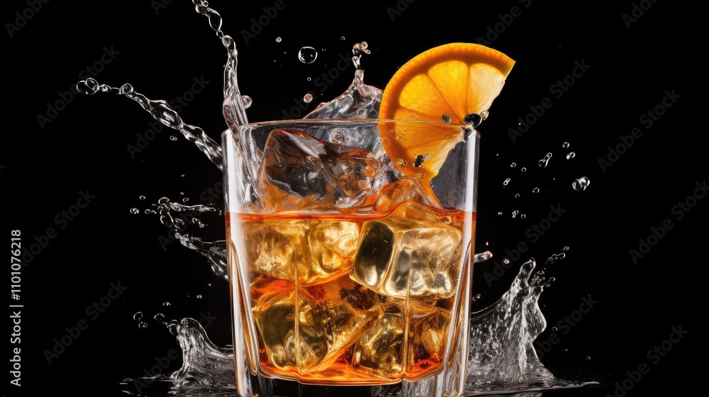 Poster Cocktail splash action with ice cubes and citrus garnish on a dark background highlighting vibrant liquid dynamics