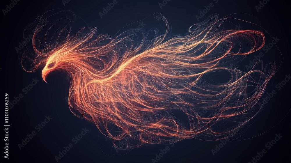 Poster a stylized phoenix made of flowing fiery strands, symbolizing rebirth and transformation against a d