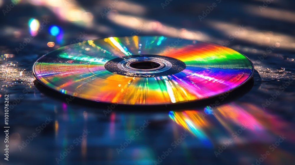 Poster colorful reflective compact disc close up on dark background with sharp rainbow patterns and copy sp