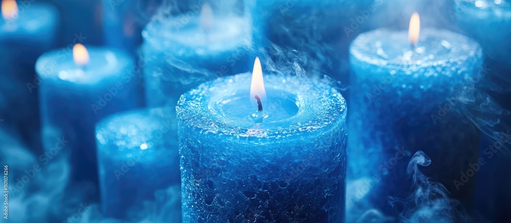 Poster blue candles emitting a soft glow with wisps of smoke creating a tranquil and serene atmosphere idea