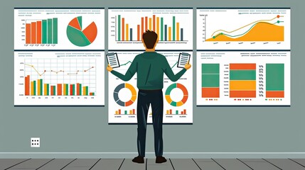 Flat Illustration of an Employee Holding Clipboards with Charts and Graphs, Standing in Front of a Whiteboard with Digital Marketing Data Visualization