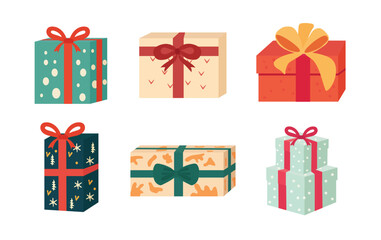 Cartoon gift box vector set, mystery box clip art image, present clipart flat illustration, collection of gift box flat icon