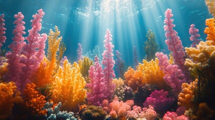 Fototapeta premium Vibrant coral reefs with colorful underwater vegetation illuminated by sunlight beams in a serene ocean setting