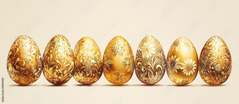 Poster handcrafted golden easter eggs adorned with intricate floral patterns arranged in a row on a soft wa