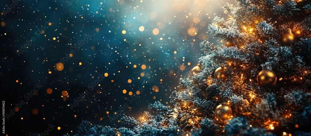 Poster christmas tree decorated with ornaments and shimmering lights in a dreamy bokeh setting creating a f
