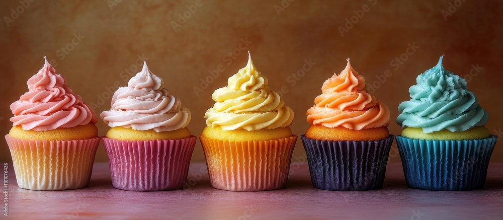 Poster colorful cupcakes with swirls of vibrant cream showcasing a delightful array of pastel hues on a rus