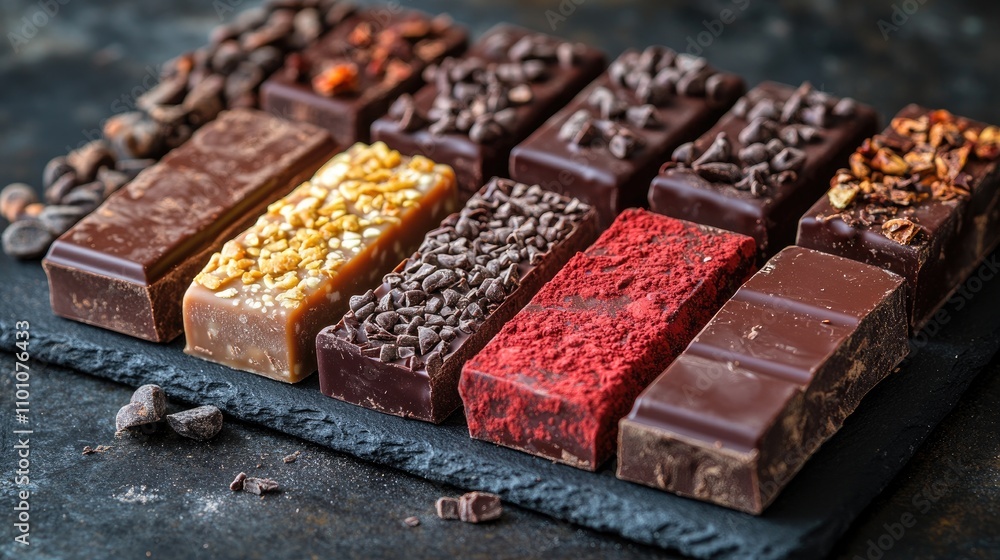 Aufkleber assorted chocolate bars with various toppings displayed on a dark slate plate for an inviting desser