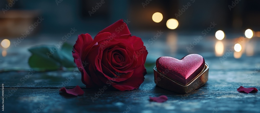 Aufkleber romantic red rose beside a heart-shaped gift box on a rustic surface with soft glowing lights creati