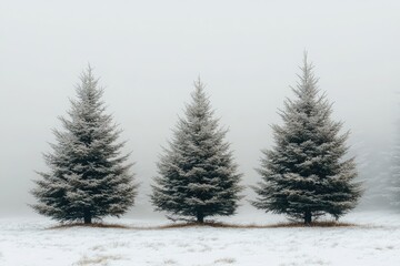Fototapeta premium Three pine trees covered with snow standing in foggy winter landscape