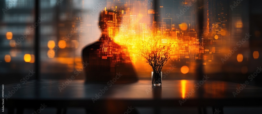 Poster double exposure of a person with data visuals in a modern workspace representing innovation and tech