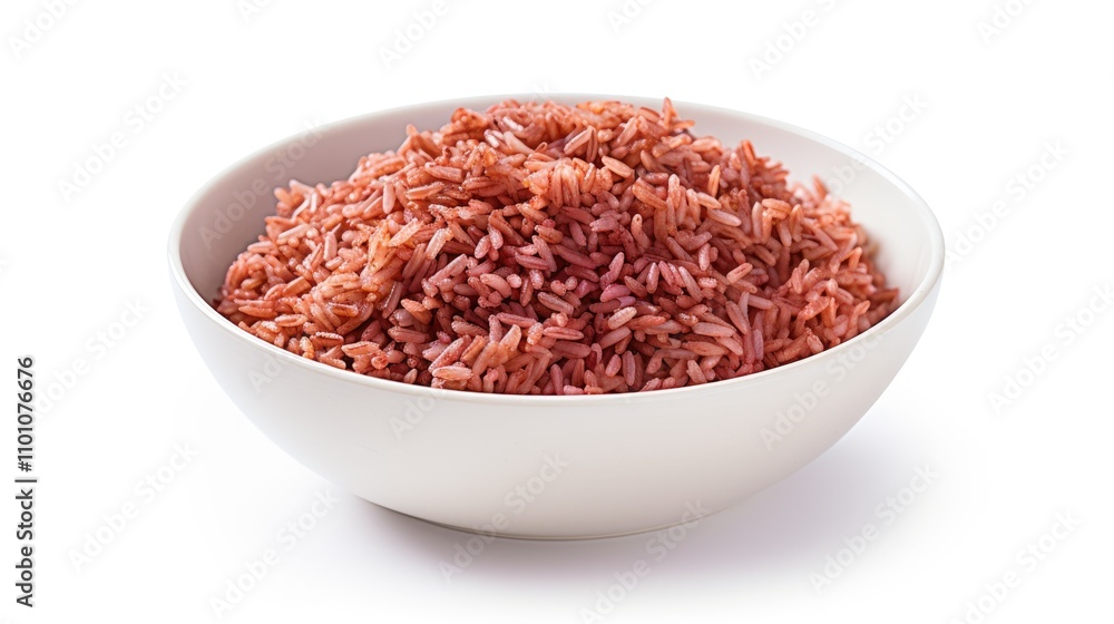Poster cooked red rice in a white bowl isolated on a clean background showcasing its texture and color for 