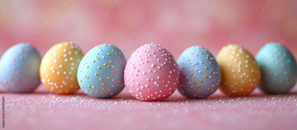 Poster colorful easter eggs and wooden eggs arranged in a row on a soft pink background creating a festive 