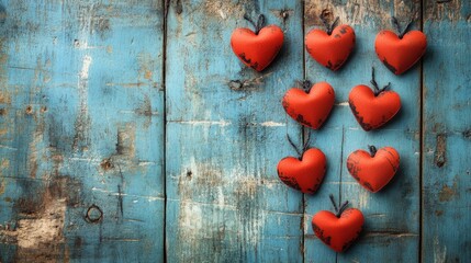 Colorful red paper hearts hanging on rustic blue wooden background evoking Valentine's Day celebration and romantic themes