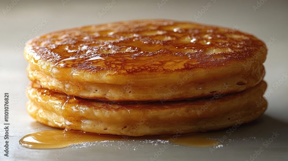 Poster stack of golden pancakes drizzled with syrup on a soft textured background showcasing delicious brea
